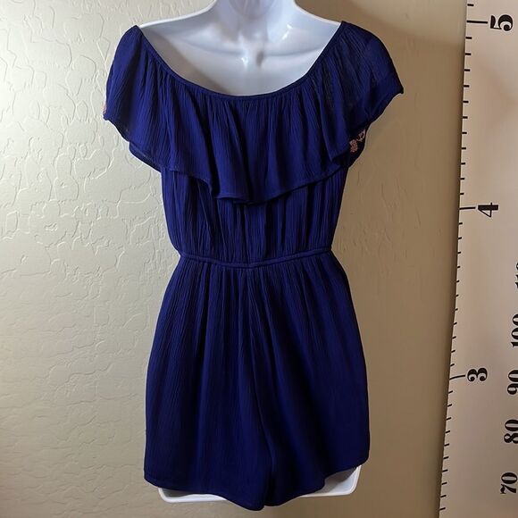 Blue Rain romper navy blue pink embroidery cape like top elastic waist size XS - Picture 6 of 14